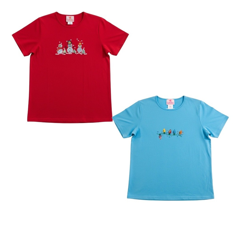 Quacker Factory Embroidereed Christmas T-Shirt Set of 2 Women Med Holiday Cute